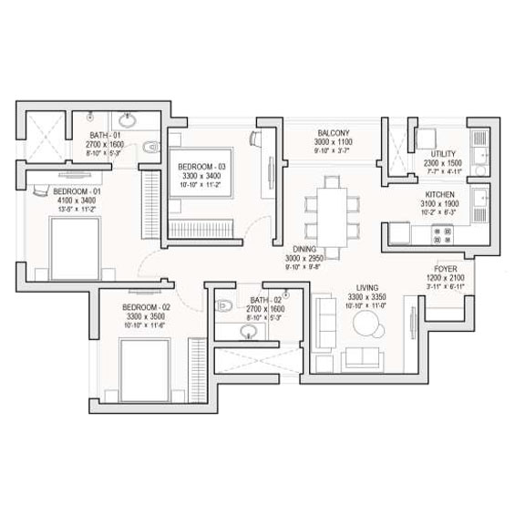 One Residences at Sobha One World 3 BHK Floorplan
